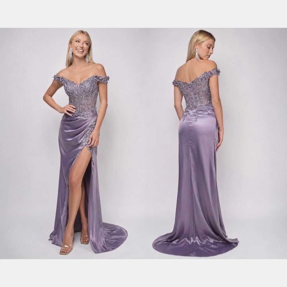 Ladivine Cinderella Divine Lavender Corset Slit Prom Gown Beaded Formal Dress M